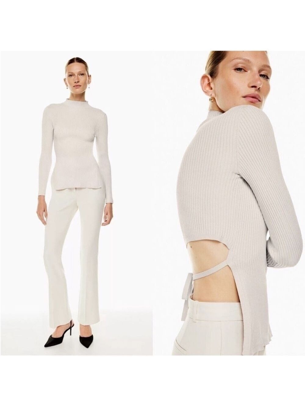 Babaton Aritzia Sculpt Knit Tie Back Longsleeve Sweater Top Matte Pearl Sz Small